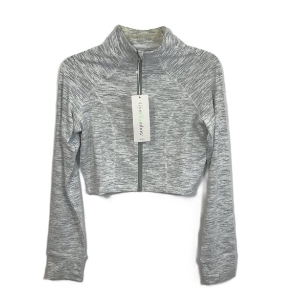 Fitted Cropped Zip Hoodie Jacket Thumb Holes Gray White L - Picture 2 of 12